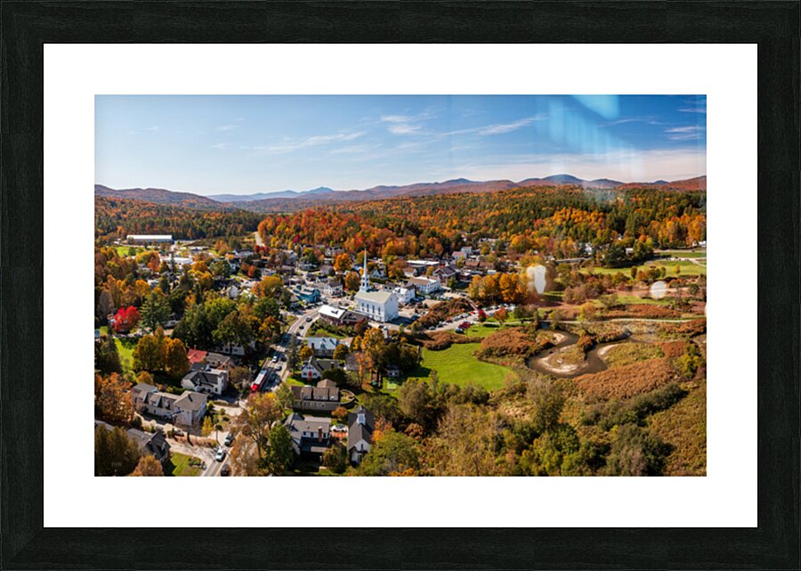 Aerial view of the town of Stowe Vermont in the fall Picture Frame print