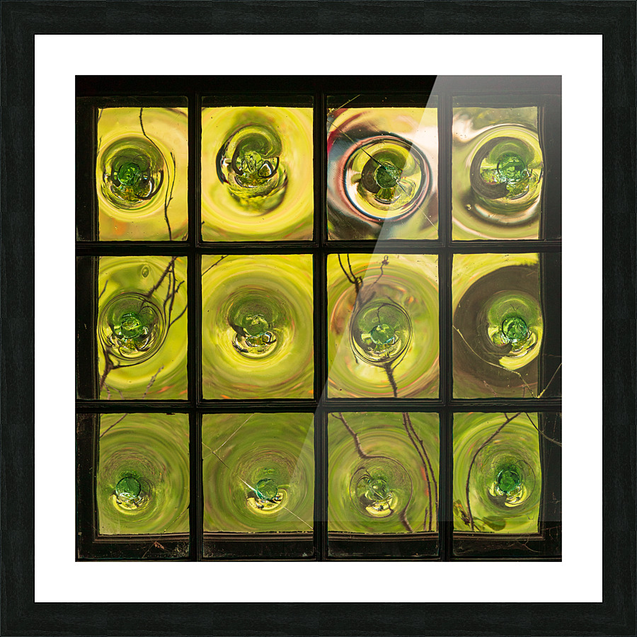 Window of old crown glass panes reflected garden Picture Frame print