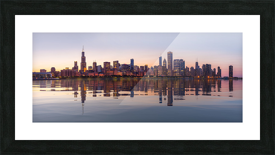 Sunset over city skyline Chicago from Observatory  Framed Print Print