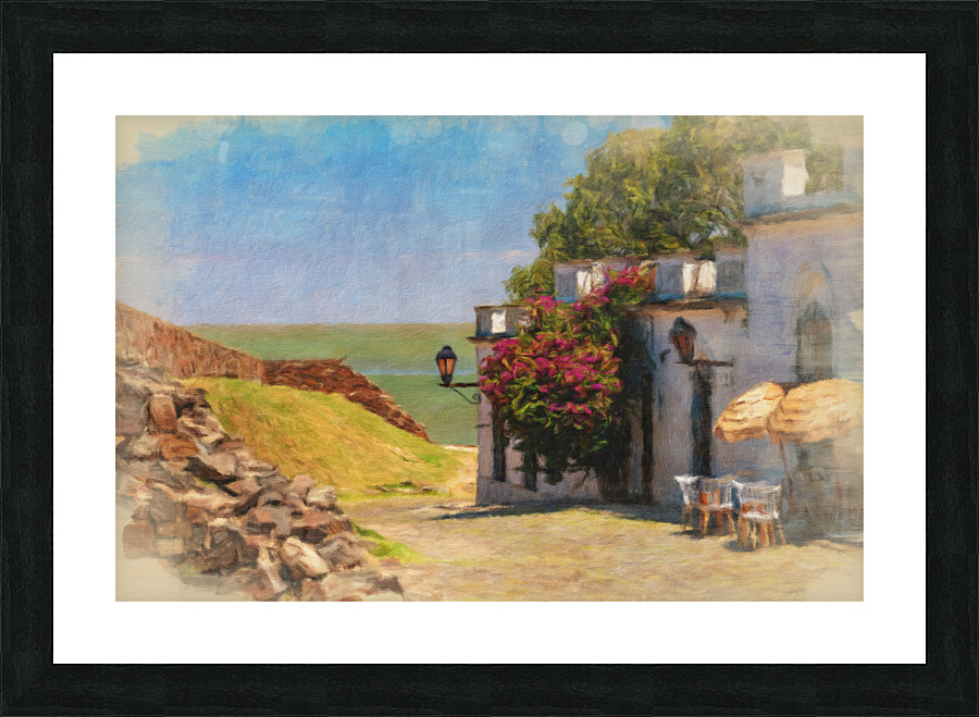 Oil painting of cobbled street in Colonia del Sacramento  Framed Print Print