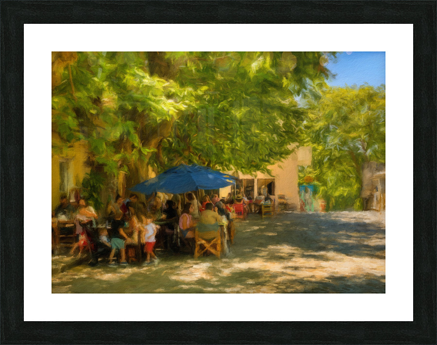 Oil painting of town square cafe in Colonia del Sacramento  Framed Print Print
