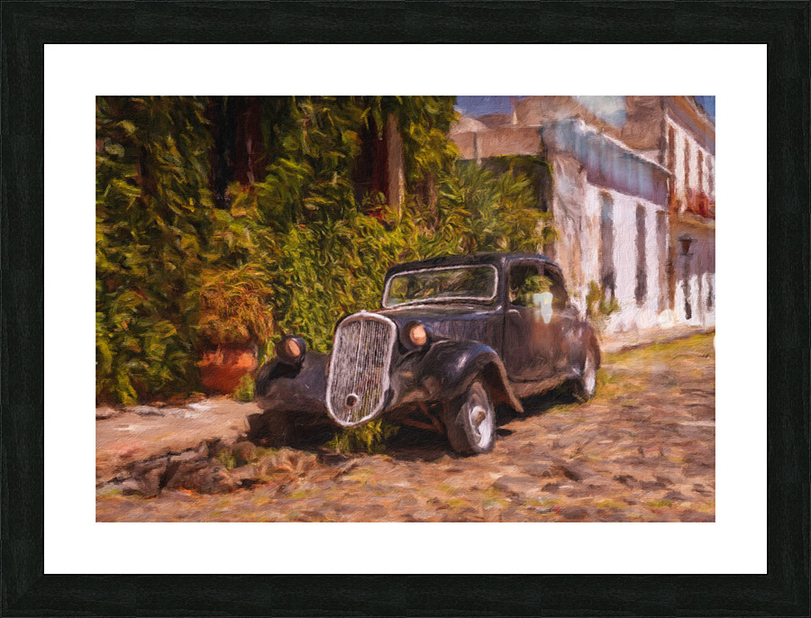 Oil painting of old car in Colonia del Sacramento Picture Frame print