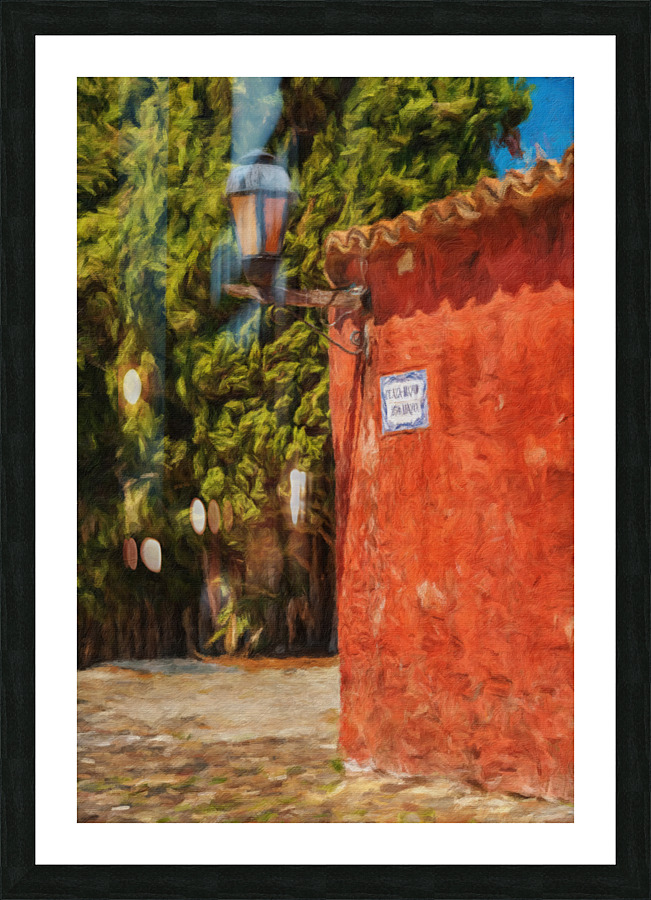 Oil painting of street lantern in Colonia del Sacramento  Framed Print Print