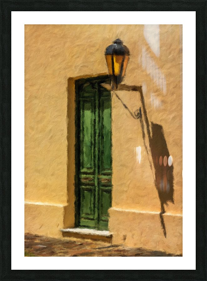 Oil painting of green door in Colonia del Sacramento  Framed Print Print