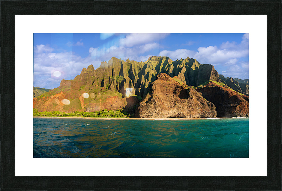 Na Pali coastline taken from sunset cruise along Kauai shore  Framed Print Print