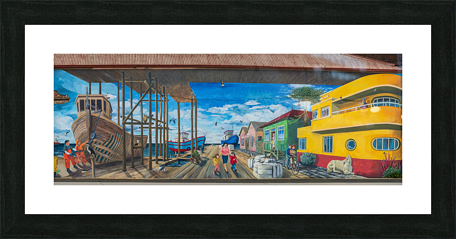 Wall mural of busy port on building in Punta Arenas in Chile  Framed Print Print