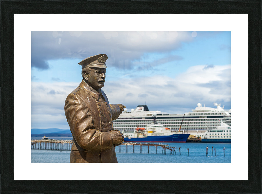 Statue of Ernest Shackleton pointing at Viking Jupiter ship in P  Framed Print Print