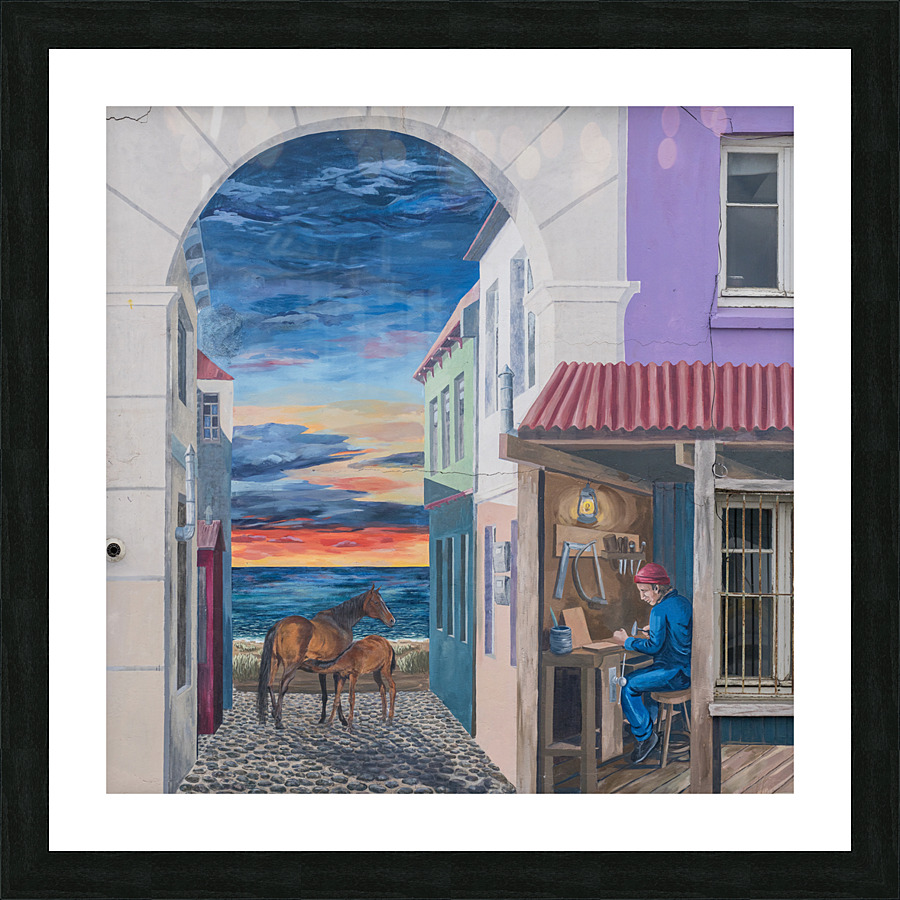 Wall mural of alley on building in Punta Arenas in Chile  Framed Print Print