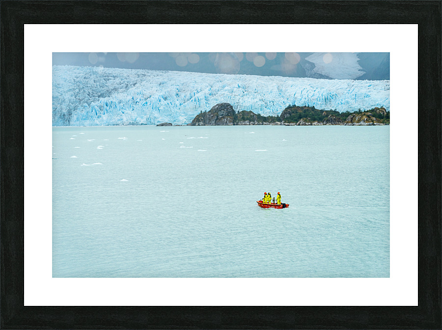Small boat approaching Amalia Glacier to collect iceberg  Framed Print Print
