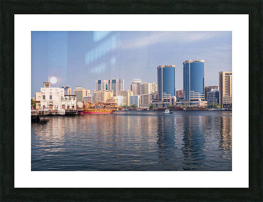 The Creek by Bur Dubai and Al Seef with large docked cruise boat  Framed Print Print