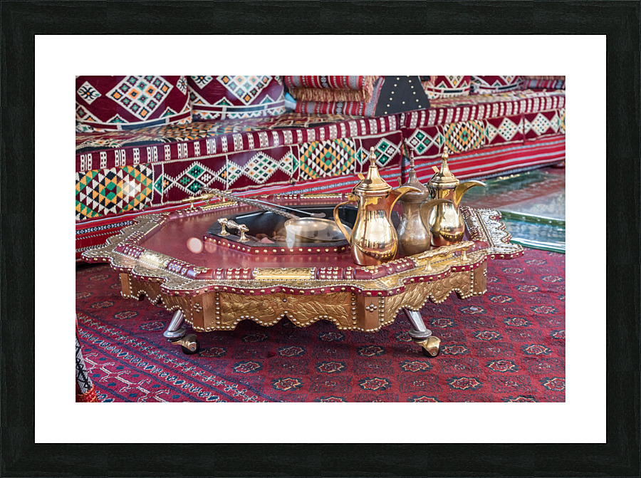 Traditional arabic coffee jugs or qahwa in Dubai with table and   Framed Print Print