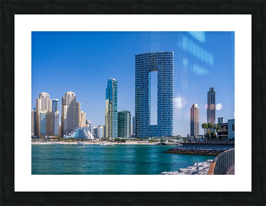 Skyline of hotels and apartments in JBR Beach from Bluewaters is  Framed Print Print