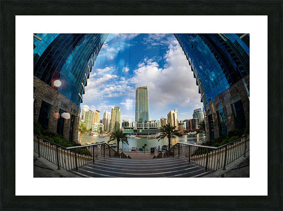 Fisheye view of tall buildings on waterfront at Dubai Marina  Framed Print Print