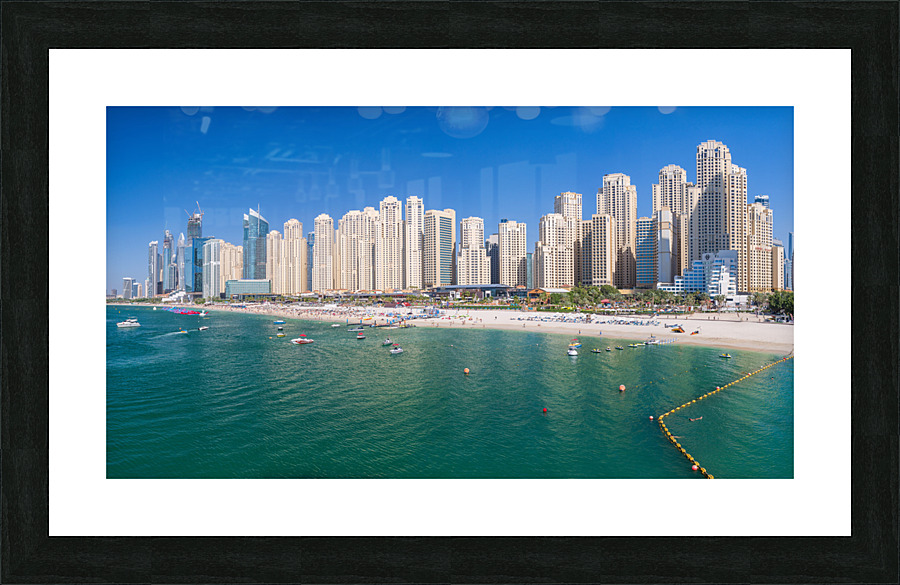 Skyline of hotels in JBR Beach above the sand and oceanfront  Framed Print Print