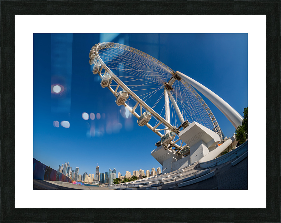 Fisheye view of Ain Dubai observation wheel with JBR in backgrou  Framed Print Print