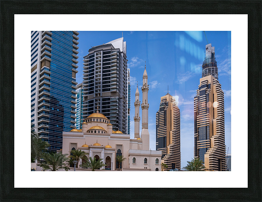 Mosque among towers on the waterfront at Dubai Marina UAE  Impression encadrée