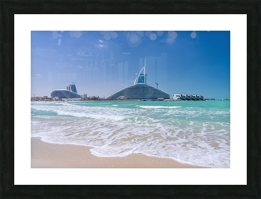 Iconic Burj al Arab behind newly constructed Marsa al Arab hotel Picture Frame print