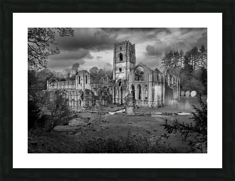 Monochrome view of Fountains Abbey ruins in Yorkshire England  Framed Print Print