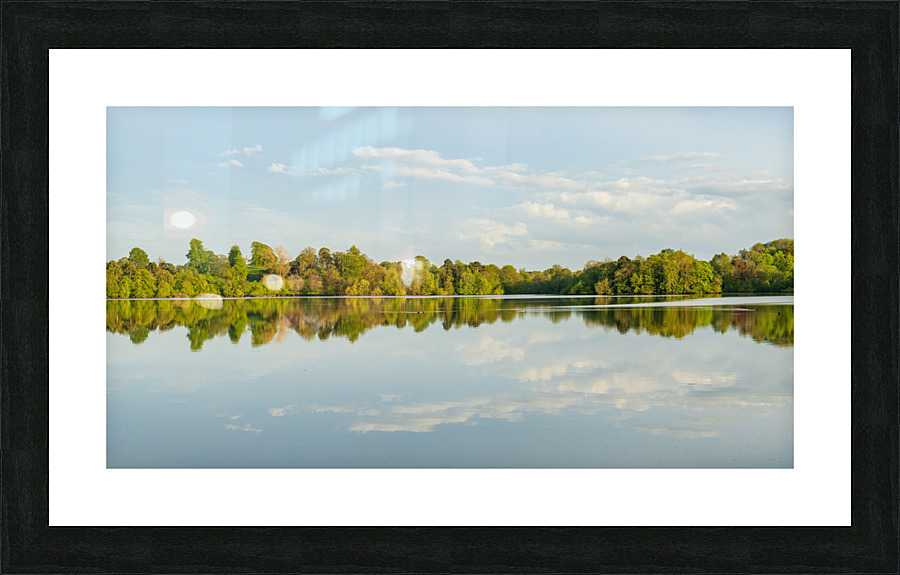 View across the Mere to a clear reflection of distant trees in E  Framed Print Print