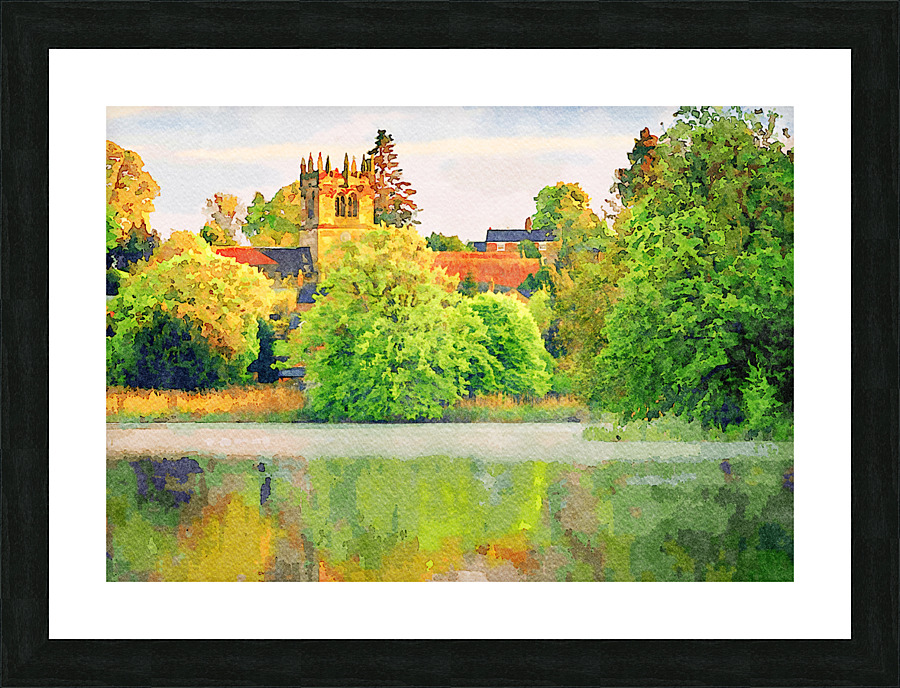 Watercolor across Ellesmere Mere in Shropshire to church  Framed Print Print