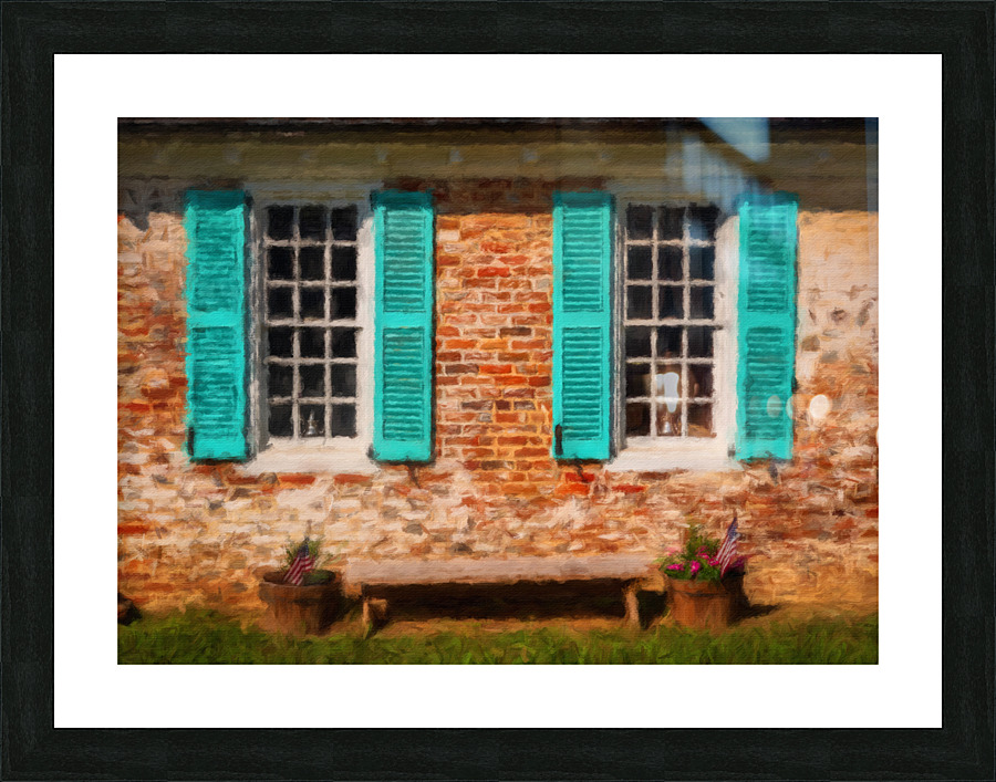 Painting of blue shutters against a white painted brick wall in   Framed Print Print