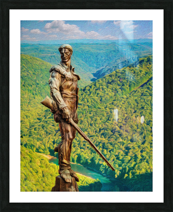 Mountaineer surveys his territory in oil painting  Framed Print Print
