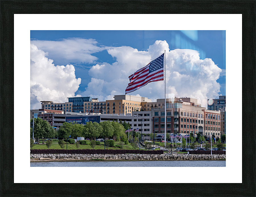 USA Flag flying at National Harbor in Maryland near Washington D  Framed Print Print