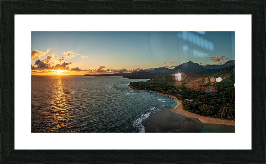 Aerial panorama of sunrise over Tunnels Beach Kauai Hawaii  Framed Print Print