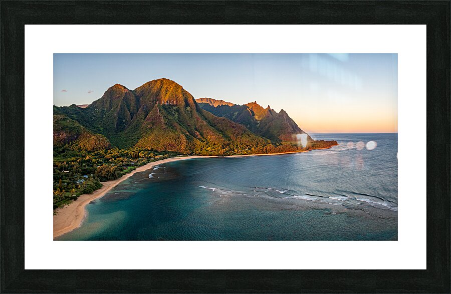 Aerial drone shot of Tunnels Beach at sunrise on Kauai in Hawaii  Framed Print Print