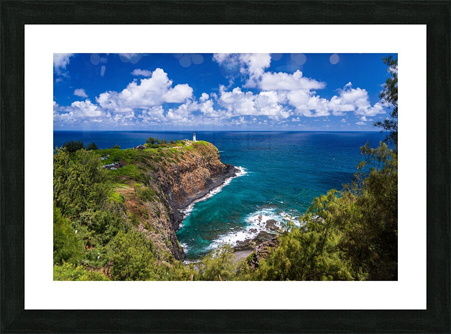 Kilauea lighthouse on headland against blue sky on Kauai  Framed Print Print