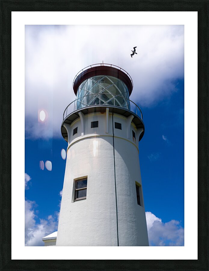 Detail of Kilauae lighthouse against blue sky on Kauai  Framed Print Print