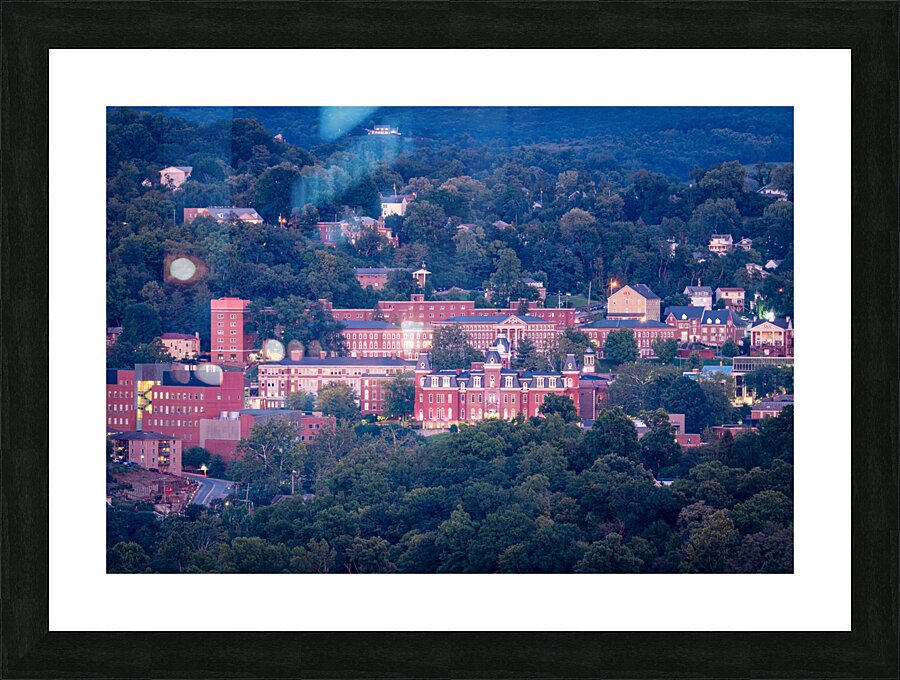 Downtown campus of West Virginia university at dusk  Framed Print Print