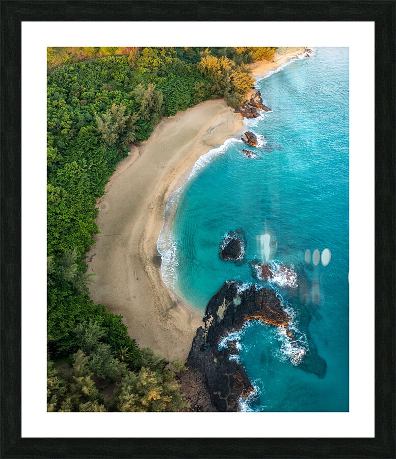 Top down view of rocks and waves on Lumahai beach Kauai  Framed Print Print