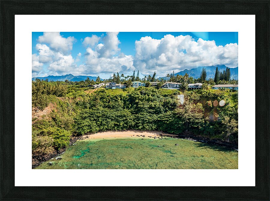 Aerial view of Sealodge beach in Princeville on Kauai  Framed Print Print