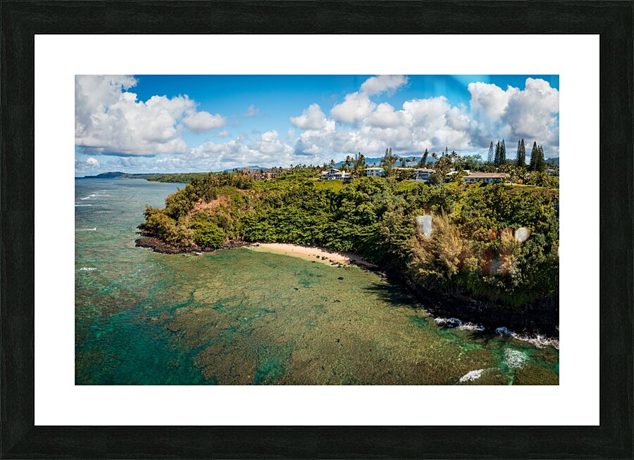 Aerial view of Sealodge beach in Princeville on Kauai  Impression encadrée