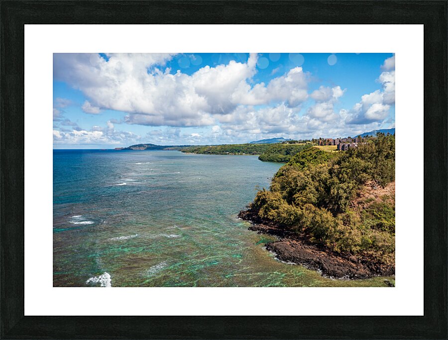 Aerial view of Princeville coastline on Kauai  Framed Print Print