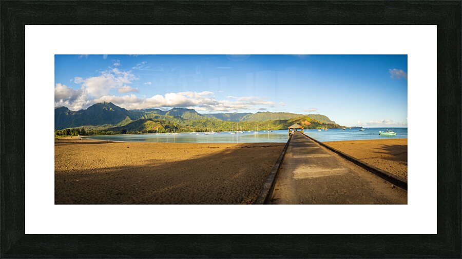 Panorama of the sandy beach and Hanalei Pier at sunrise  Framed Print Print