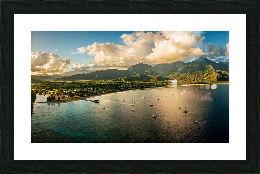 Aerial panorama over the town of Hanalei and valley at sunrise  Impression encadrée