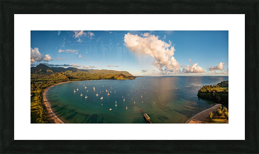 Rainbow over Hanalei bay in panorama across the ocean Picture Frame print
