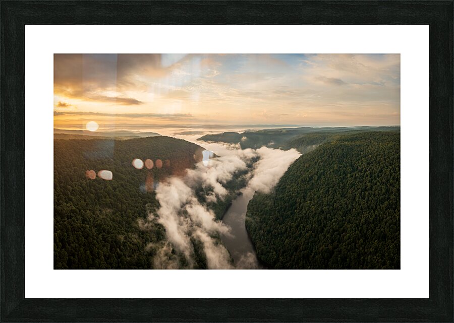 Mist swirling over Cheat River gorge at sunrise near Morgantown   Framed Print Print