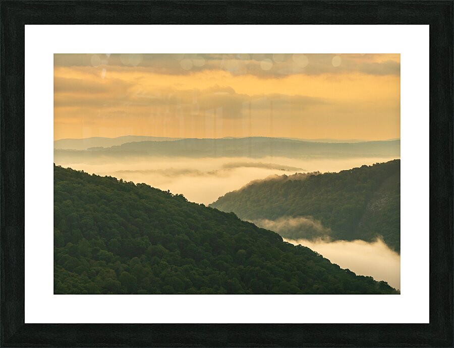 Mist swirling over Cheat River gorge at sunrise near Raven Rock  Framed Print Print