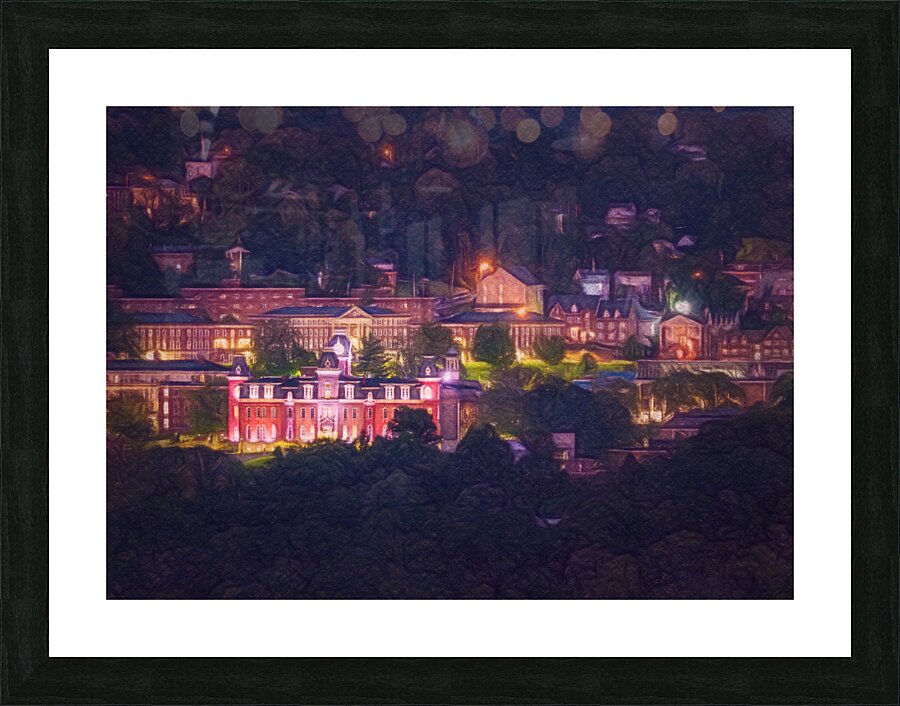 Pastel drawing campus of West Virginia university at night  Framed Print Print