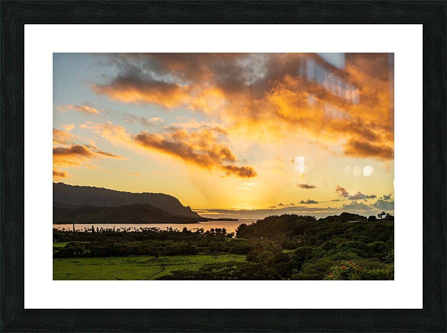 Sunset over Hanalei bay from overlook on the road  Framed Print Print