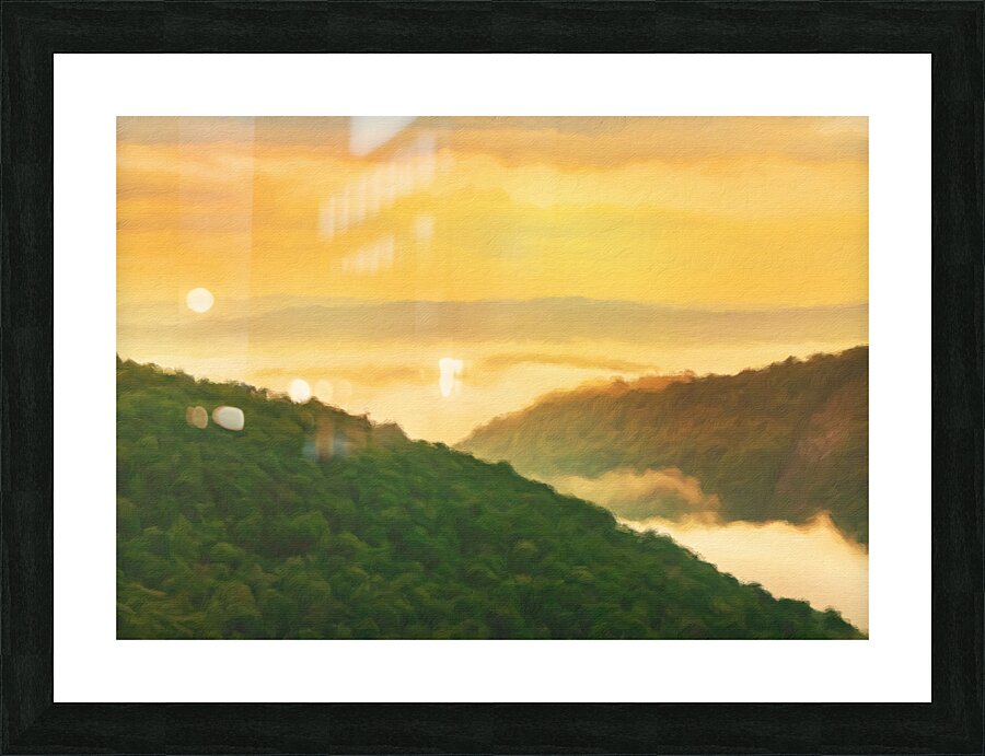 Painting of Cheat River gorge at sunrise near Raven Rock  Framed Print Print