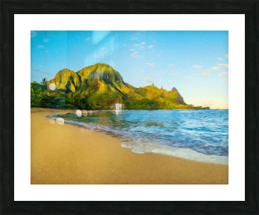 Oil painting sunrise over Tunnels Beach on Kauai in Hawaii  Framed Print Print