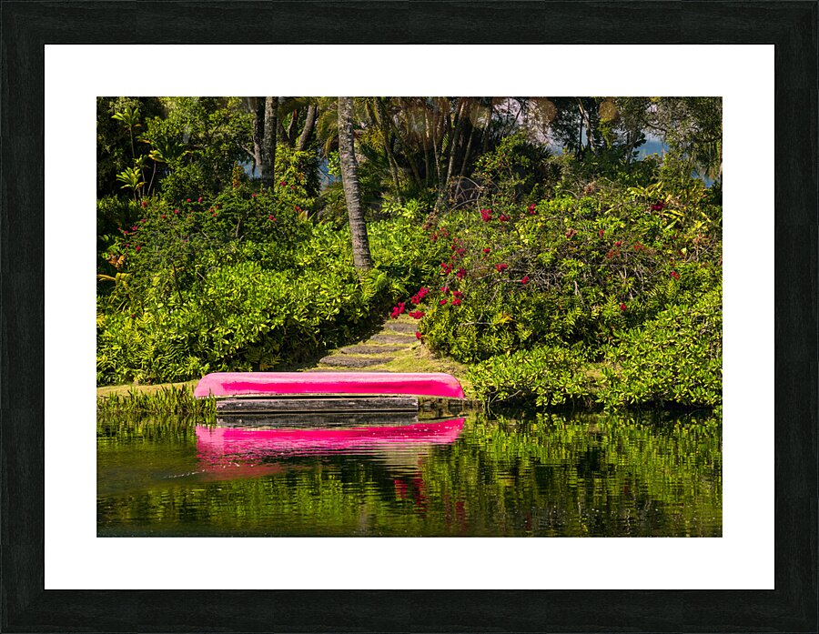 Red canoe on dock reflecting into calm lake or pond in garden  Impression encadrée