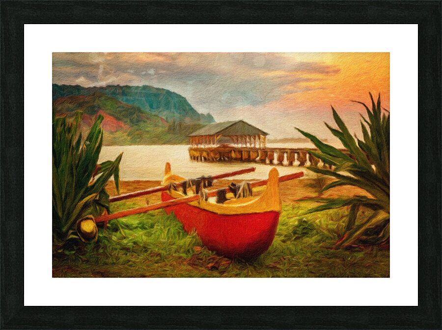 Painting of Hawaiian canoe by Hanalei Pier  Framed Print Print
