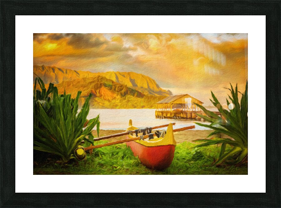 Painting of Hawaiian canoe by Hanalei Pier  Framed Print Print