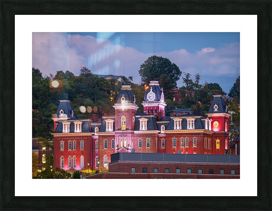 Woodburn Hall illuminated at dusk in Morgantown WV  Framed Print Print