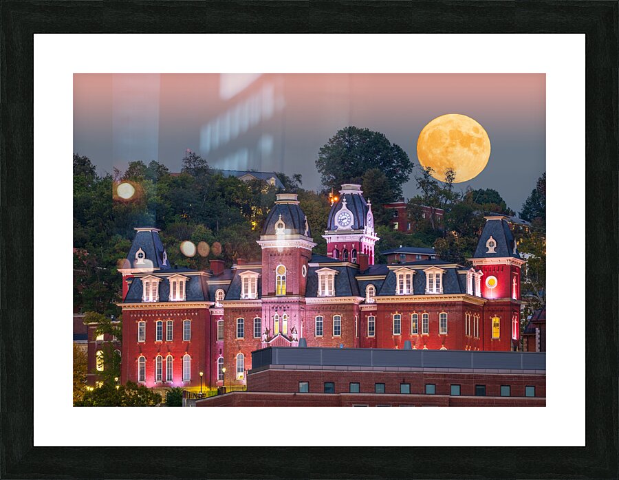 Moonrise over illuminated Woodburn Hall at WVU Morgantown  Framed Print Print